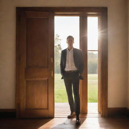 A confident man standing in an opened, grandiose wooden door with warm sunshine pouring in from outside