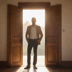 A confident man standing in an opened, grandiose wooden door with warm sunshine pouring in from outside