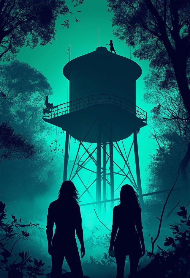 A fiction fantasy book cover featuring a water tower in a dark blue and green forest