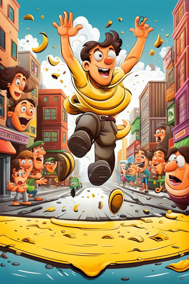 A humorous cartoon scene where a character narrowly avoids slipping on a banana peel, set in a vibrant and lively cityscape with exaggerated expressions and playful elements