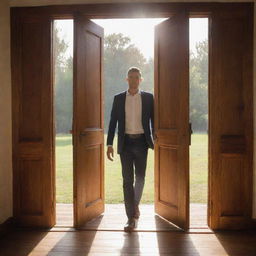 A confident man standing in an opened, grandiose wooden door with warm sunshine pouring in from outside