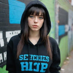 casual photograpy medium body,black with blue letters hip hop stamp hoodie, female , 23 year old with green eyes and black long hai with withe streaks in the bangs .,freckles, selfo, graffiti background, medium distance shot, 4k hd,  --styerw--v 5.2 ar 2-3