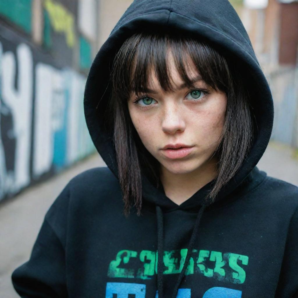 casual photograpy medium body,black with blue letters hip hop stamp hoodie, female , 23 year old with green eyes and black long hai with withe streaks in the bangs .,freckles, selfo, graffiti background, medium distance shot, 4k hd,  --styerw--v 5.2 ar 2-3