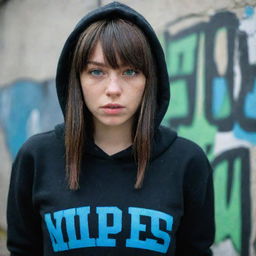 casual photograpy medium body,black with blue letters hip hop stamp hoodie, female , 23 year old with green eyes and black long hai with withe streaks in the bangs .,freckles, selfo, graffiti background, medium distance shot, 4k hd,  --styerw--v 5.2 ar 2-3