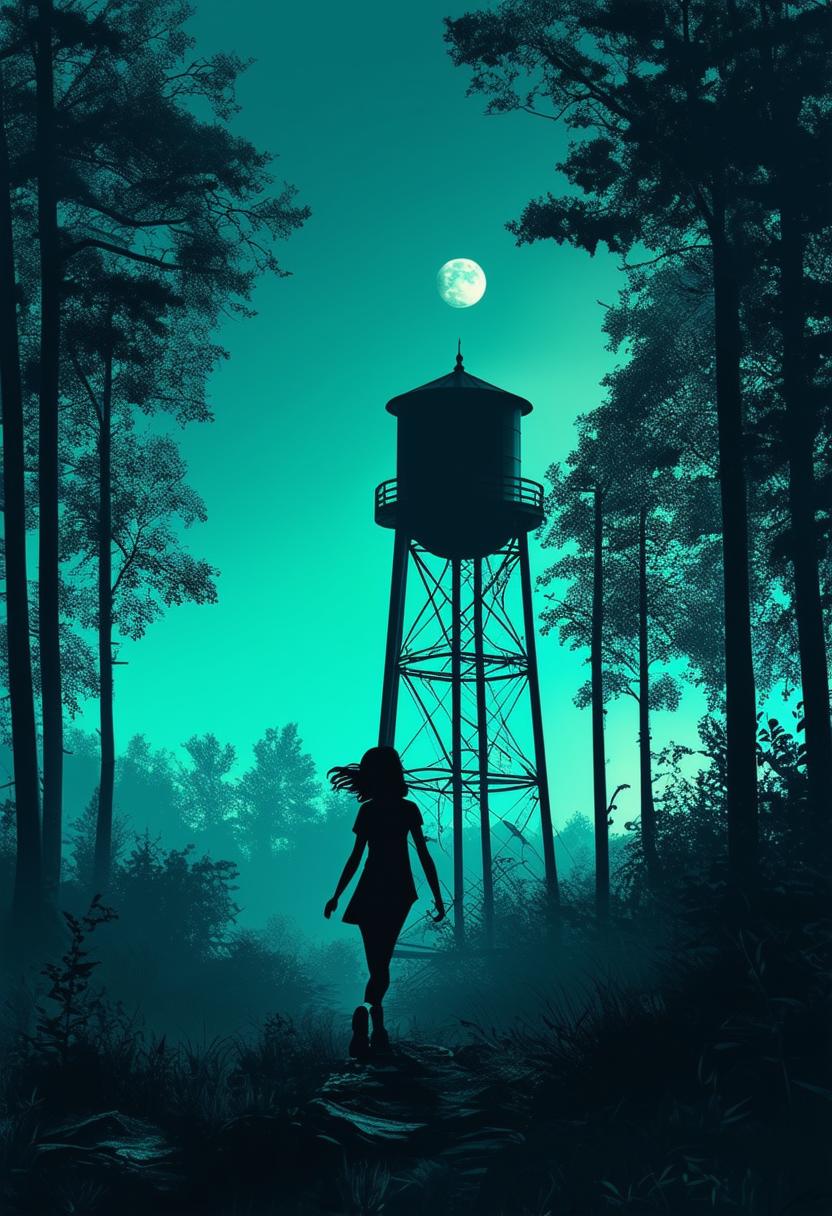 A whimsical fantasy scene featuring a sporty silhouetted 12-year-old girl in front of a traditional water tower in a dark green forest with a dark blue sky