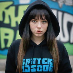 casual photograpy medium body,black with blue letters hip hop stamp hoodie, female , 23 year old with green eyes and black long hai with withe streaks in the bangs .,freckles, selfo, graffiti background, medium distance shot, 4k hd,  --styerw--v 5.2 ar 2-3