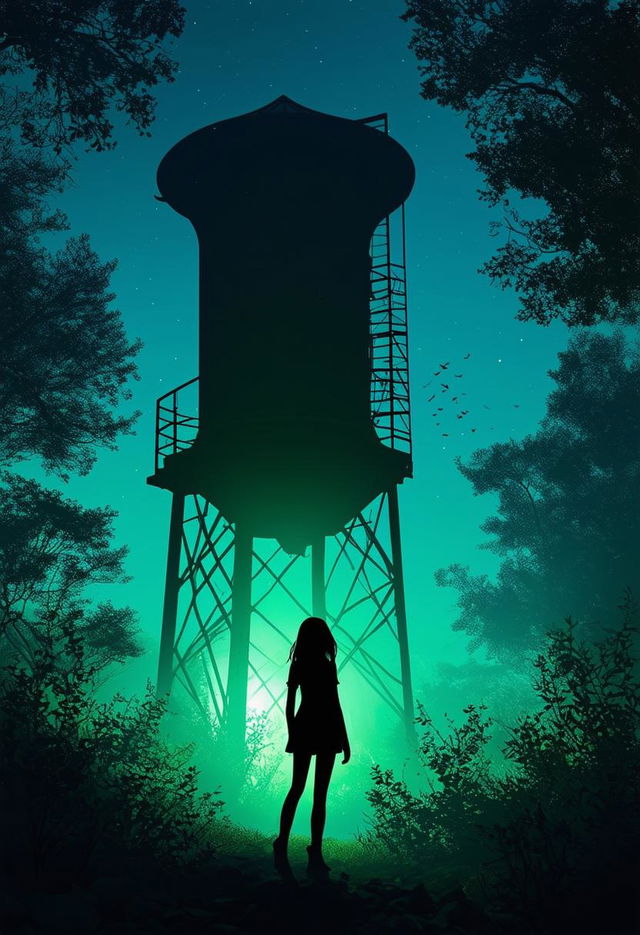 A whimsical fantasy scene featuring a sporty silhouetted 12-year-old girl in front of a mysterious water tower in a dark green forest with a dark blue sky