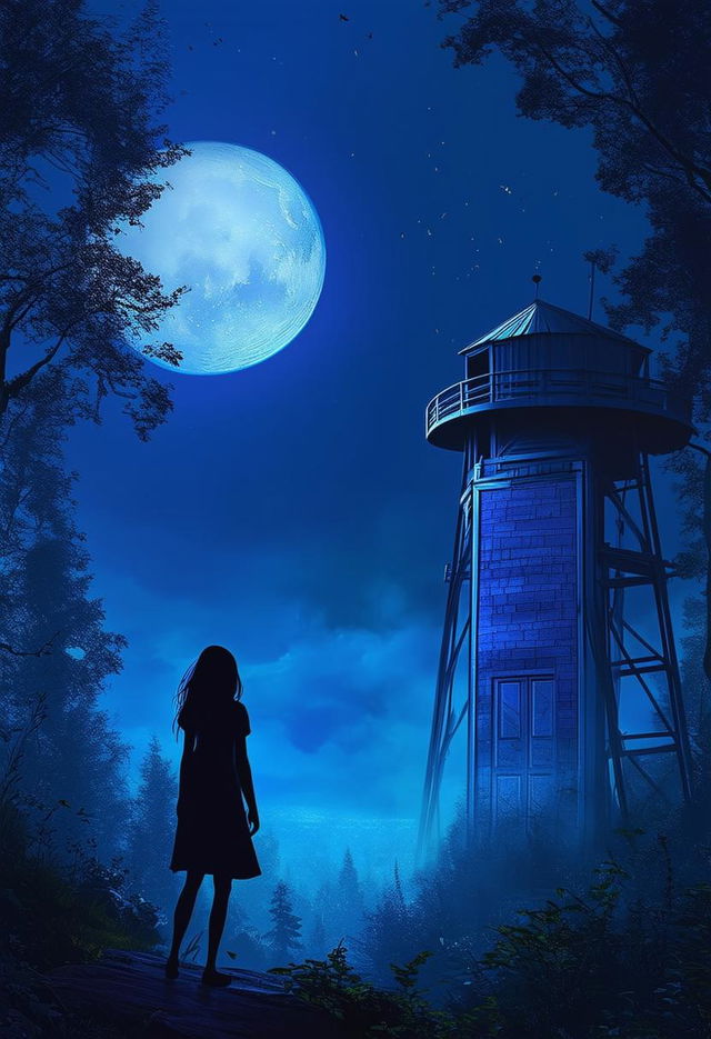 A whimsical fantasy scene featuring a mysterious sporty silhouetted 12-year-old girl in front of a cozy water tower with a door and walls in a dark green forest with a dark blue sky