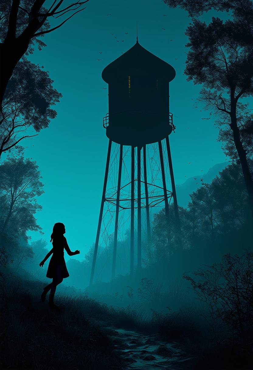 A whimsical fantasy scene featuring a sporty silhouetted 12-year-old girl in front of a mysterious water tower in a dark green forest with a dark blue sky