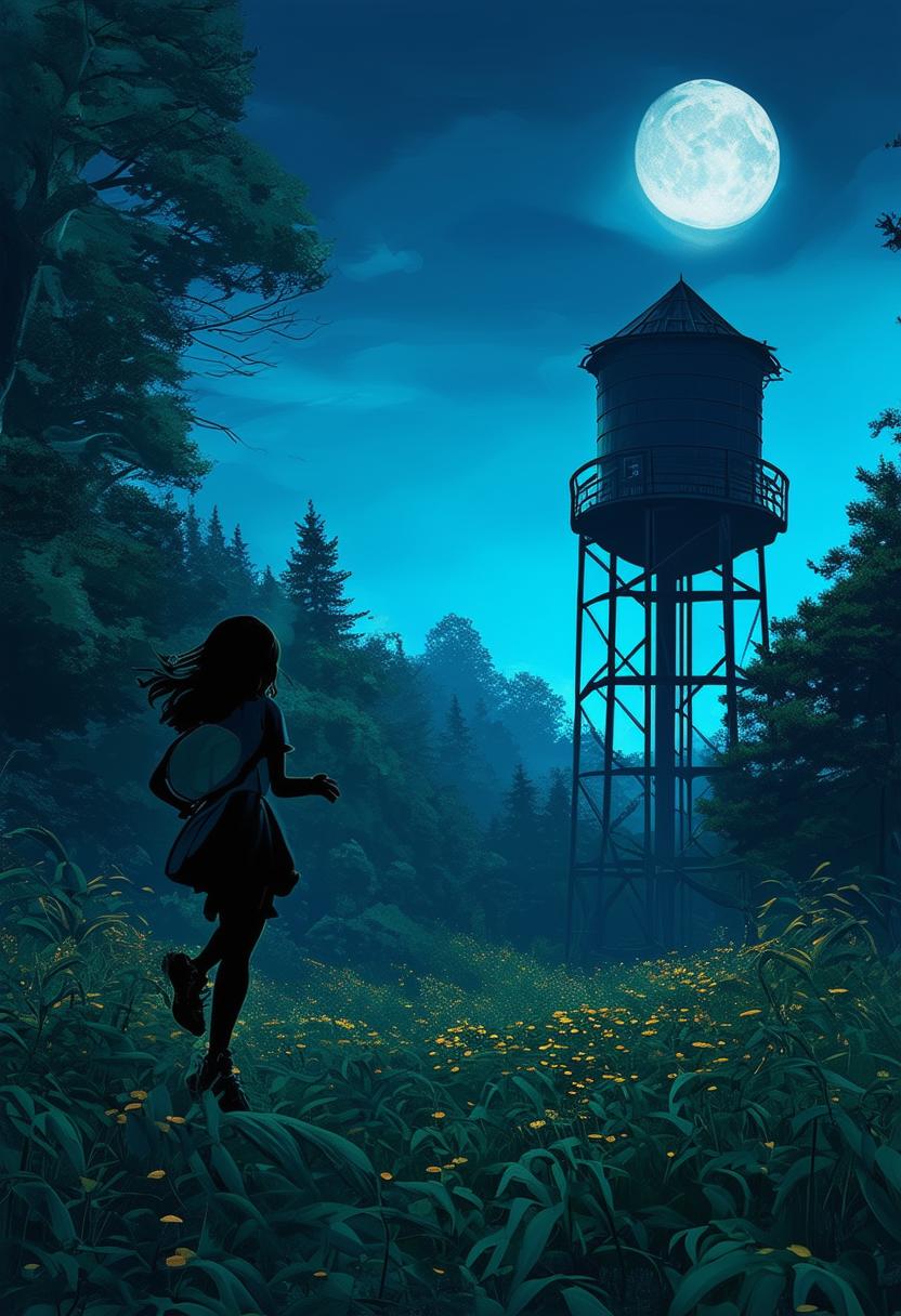 A whimsical fantasy scene featuring a sporty silhouetted 12-year-old girl with a serious expression in front of a traditional water tower in a dark green forest with a dark blue sky