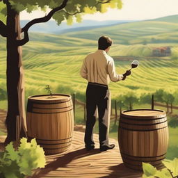 Create an image featuring a person cultivating wine