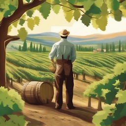 Create an image featuring a person cultivating wine