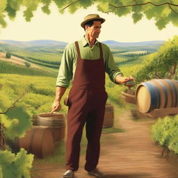 Create an image featuring a person cultivating wine