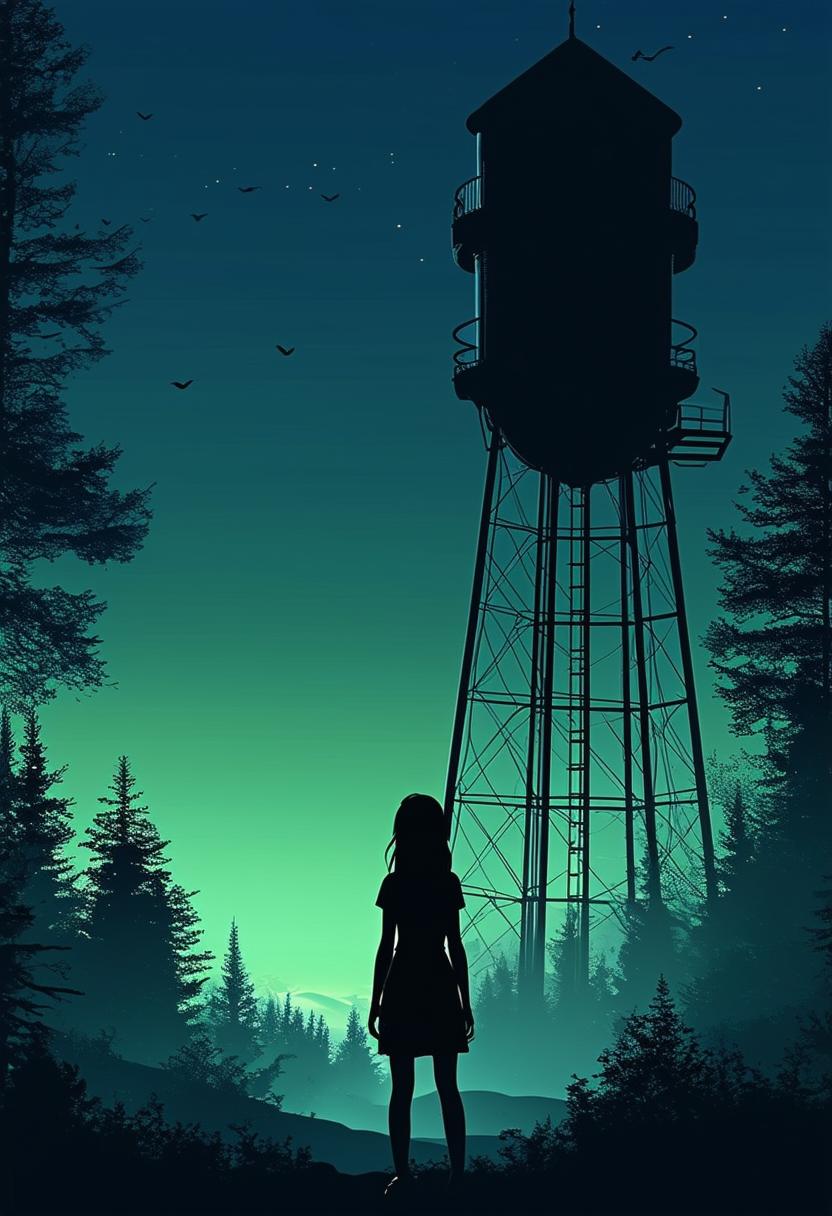 A whimsical and hopeful fantasy scene featuring a sporty silhouetted 12-year-old girl with a determined and hopeful expression in front of a mysterious water tower in a dark green forest with a dark blue sky