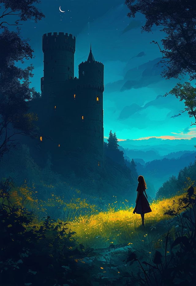 A whimsical and hopeful fantasy scene featuring a sporty silhouetted 12-year-old girl with a determined and hopeful expression in front of a robust, fortified tower in a dark green forest with a dark blue sky