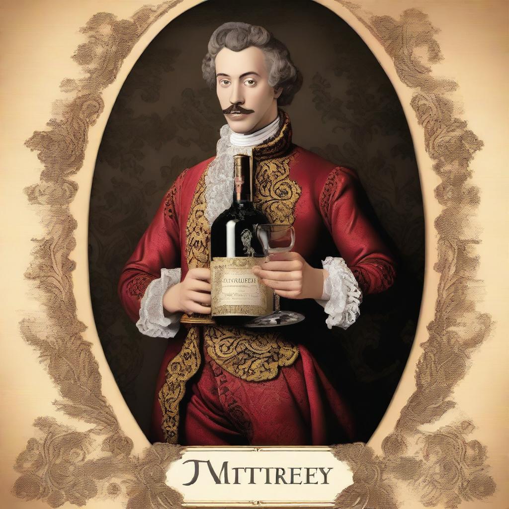 Create an image featuring a person holding a bottle of wine labeled 'Monterrey' in a baroque style