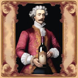 Create an image featuring a person holding a bottle of wine labeled 'Monterrey' in a baroque style