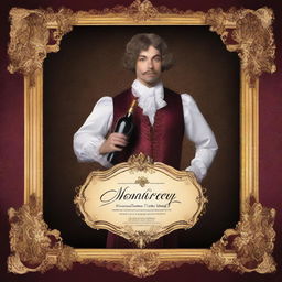 Create an image featuring a person holding a bottle of wine labeled 'Monterrey' in a baroque style