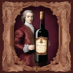 Create an image featuring a person holding a bottle of wine labeled 'Monterrey' in a baroque style