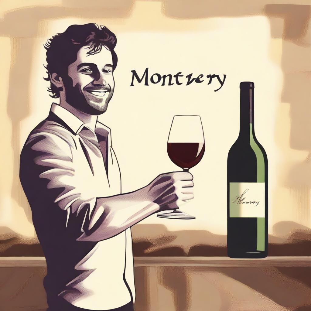 Create an image featuring a person holding a bottle of wine labeled 'Monterrey'