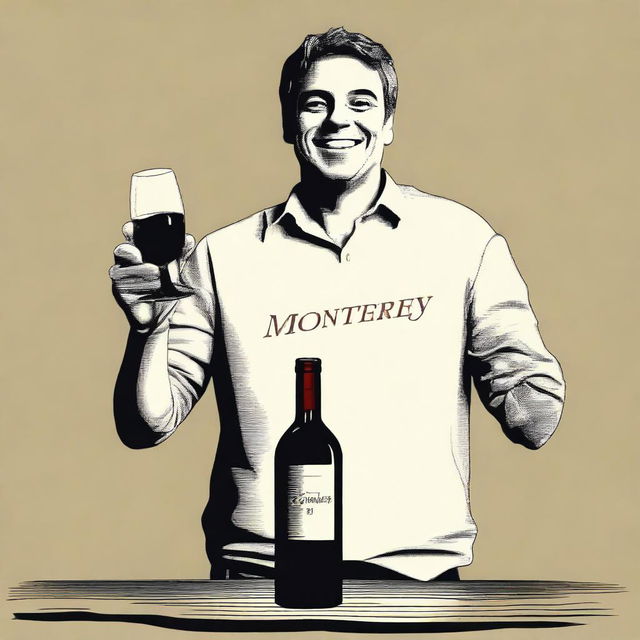 Create an image featuring a person holding a bottle of wine labeled 'Monterrey'