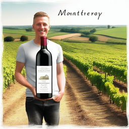 Create an image featuring a person holding a bottle of wine labeled 'Monterrey'