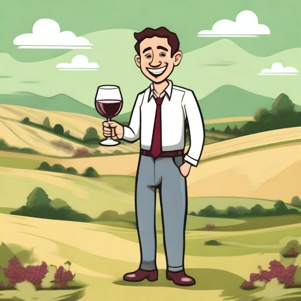 Create an image featuring a cartoon person holding a cup of wine labeled 'Monterrey'