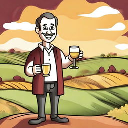 Create an image featuring a cartoon person holding a cup of wine labeled 'Monterrey'