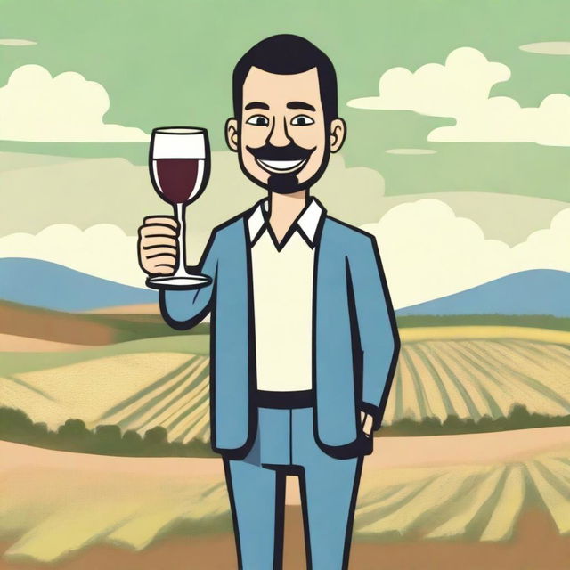 Create an image featuring a cartoon person holding a cup of wine labeled 'Monterrey'