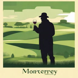 Create an image featuring a shadowy figure holding a cup of wine labeled 'Monterrey'