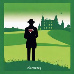 Create an image featuring a shadowy figure holding a cup of wine labeled 'Monterrey'