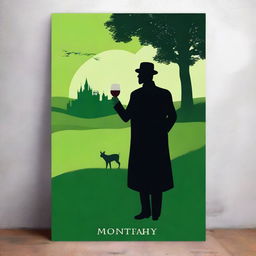 Create an image featuring a shadowy figure holding a cup of wine labeled 'Monterrey'