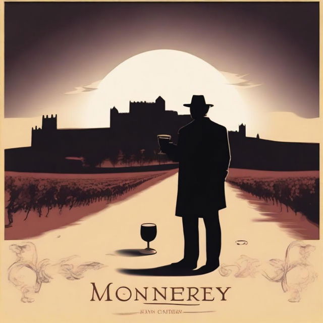 Create an image featuring a shadowy figure holding a cup of wine labeled 'Monterrey'