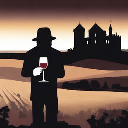 Create an image featuring a shadowy figure holding a cup of wine labeled 'Monterrey'