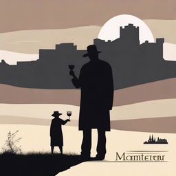 Create an image featuring a shadowy figure holding a cup of wine labeled 'Monterrey'