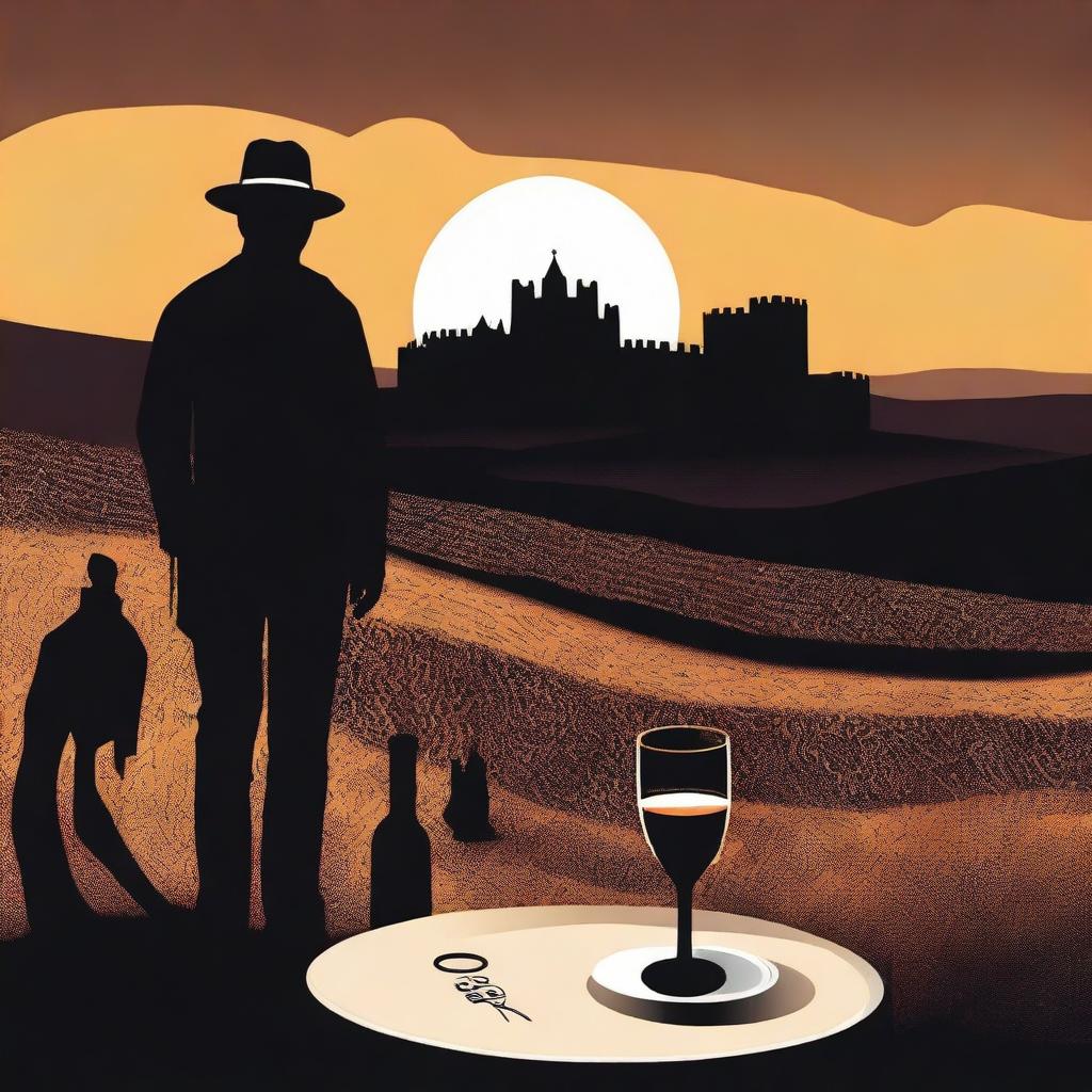 Create an image featuring a shadowy figure holding a cup of wine labeled 'Monterrey'