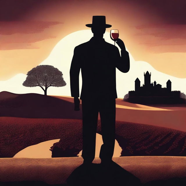 Create an image featuring a shadowy figure holding a cup of wine labeled 'Monterrey'