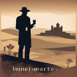 Create an image featuring a shadowy figure holding a cup of wine labeled 'Monterrey'