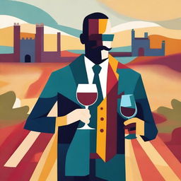 Create an abstract style image featuring a person holding a cup of wine labeled 'Monterrey'