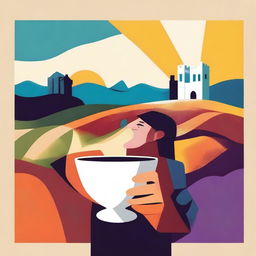 Create an abstract style image featuring a person holding a cup of wine labeled 'Monterrey'