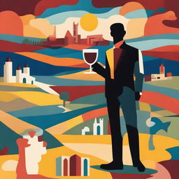 Create an abstract style image featuring a person holding a cup of wine labeled 'Monterrey'