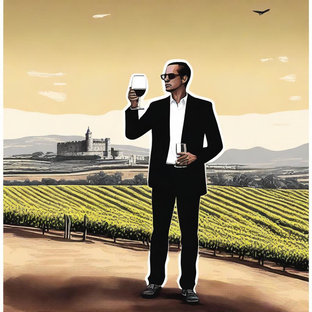 Create a realistic style image featuring a person holding a cup of wine labeled 'Monterrey'