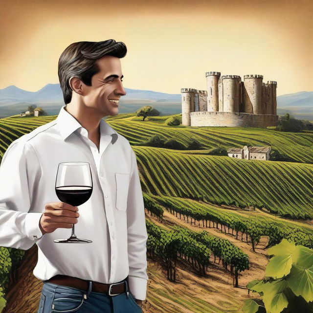 Create a realistic style image featuring a person holding a cup of wine labeled 'Monterrey'