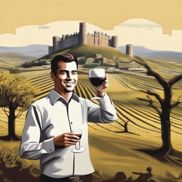 Create a realistic style image featuring a person holding a cup of wine labeled 'Monterrey'