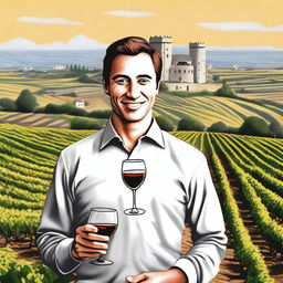 Create a realistic style image featuring a person holding a cup of wine labeled 'Monterrey'