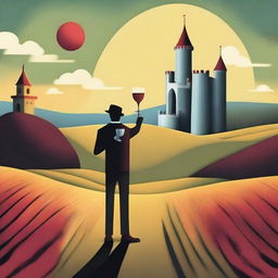 Create a surrealism style image featuring a person holding a cup of wine labeled 'Monterrey'