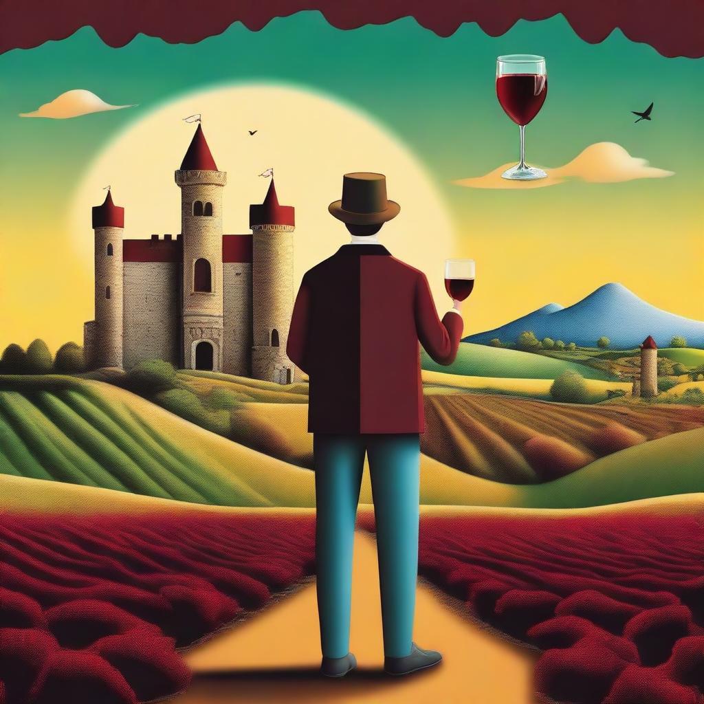 Create a surrealism style image featuring a person holding a cup of wine labeled 'Monterrey'