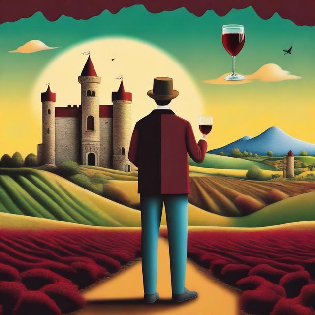 Create a surrealism style image featuring a person holding a cup of wine labeled 'Monterrey'