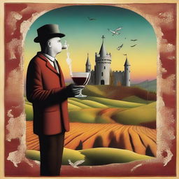 Create a surrealism style image featuring a person holding a cup of wine labeled 'Monterrey'