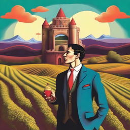 Create a surrealism style image featuring a person holding a cup of wine labeled 'Monterrey'